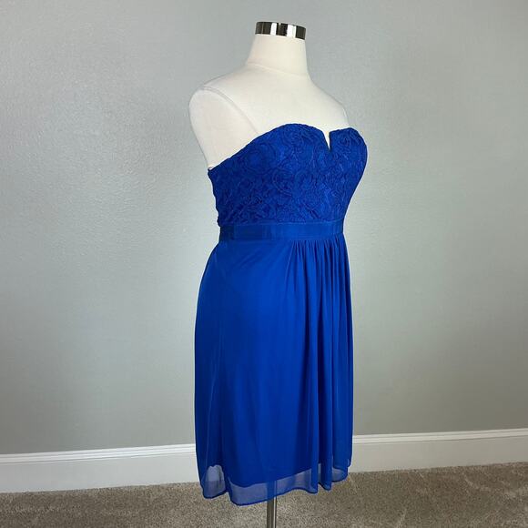 Adrianna Papell Strapless Lace Chiffon Mini Cocktail Dress Blue Size 14 Sheath - Picture 2 of 14